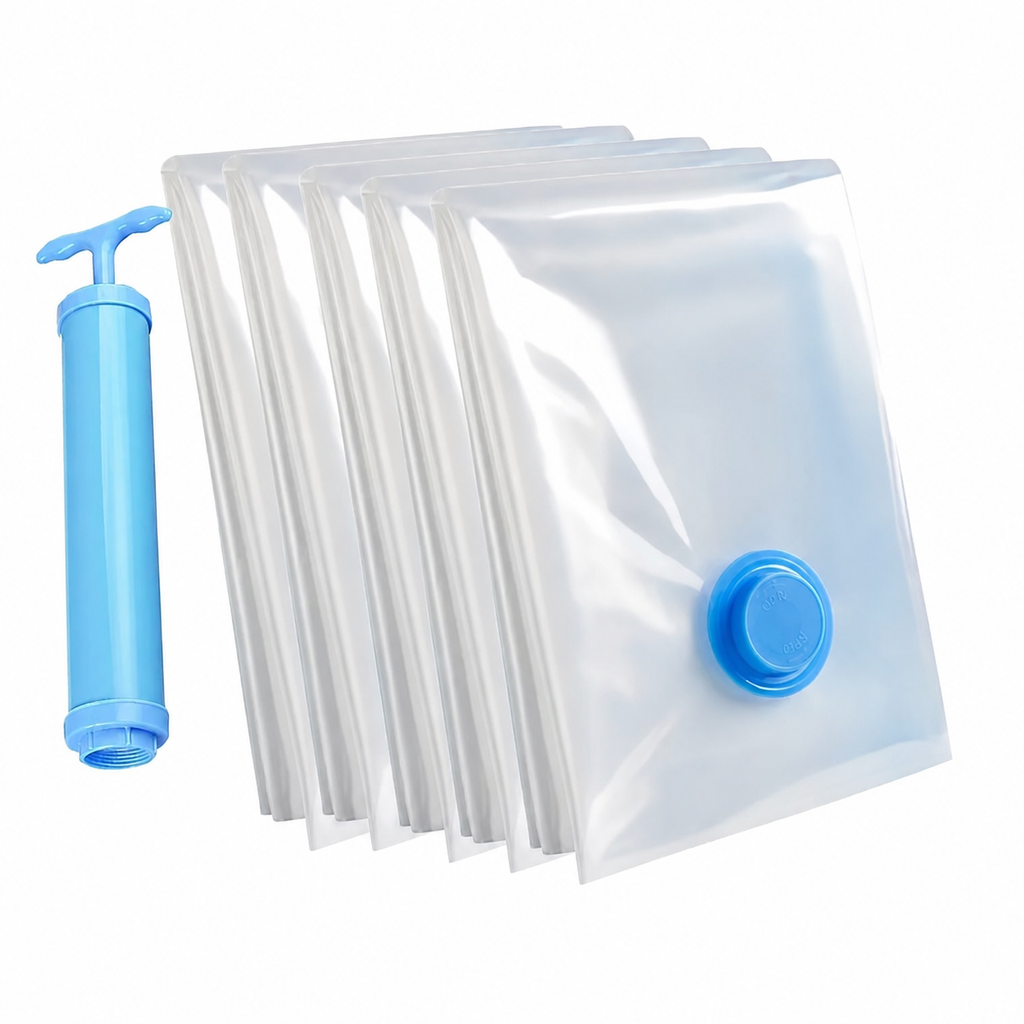 Five clear vacuum storage bags with a blue manual hand pump and blue valve on a white background